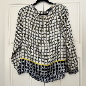 THE LIMITED Navy Blue and Yellow Geometric Long Sleeve Blouse